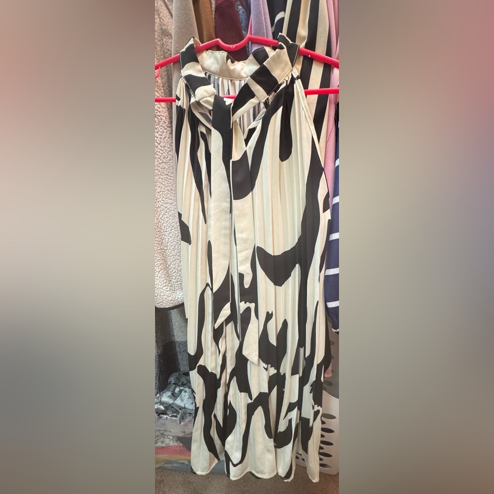 Black and White Abstract Print Pleated Dress